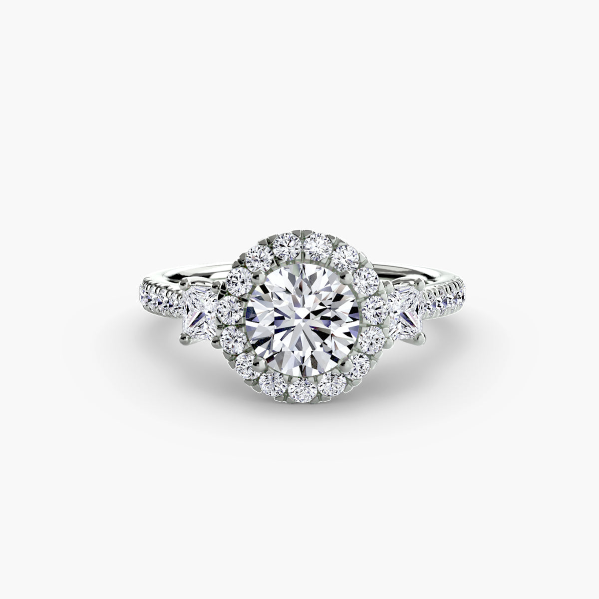 The Lucienne Halo Three-Stone Ring