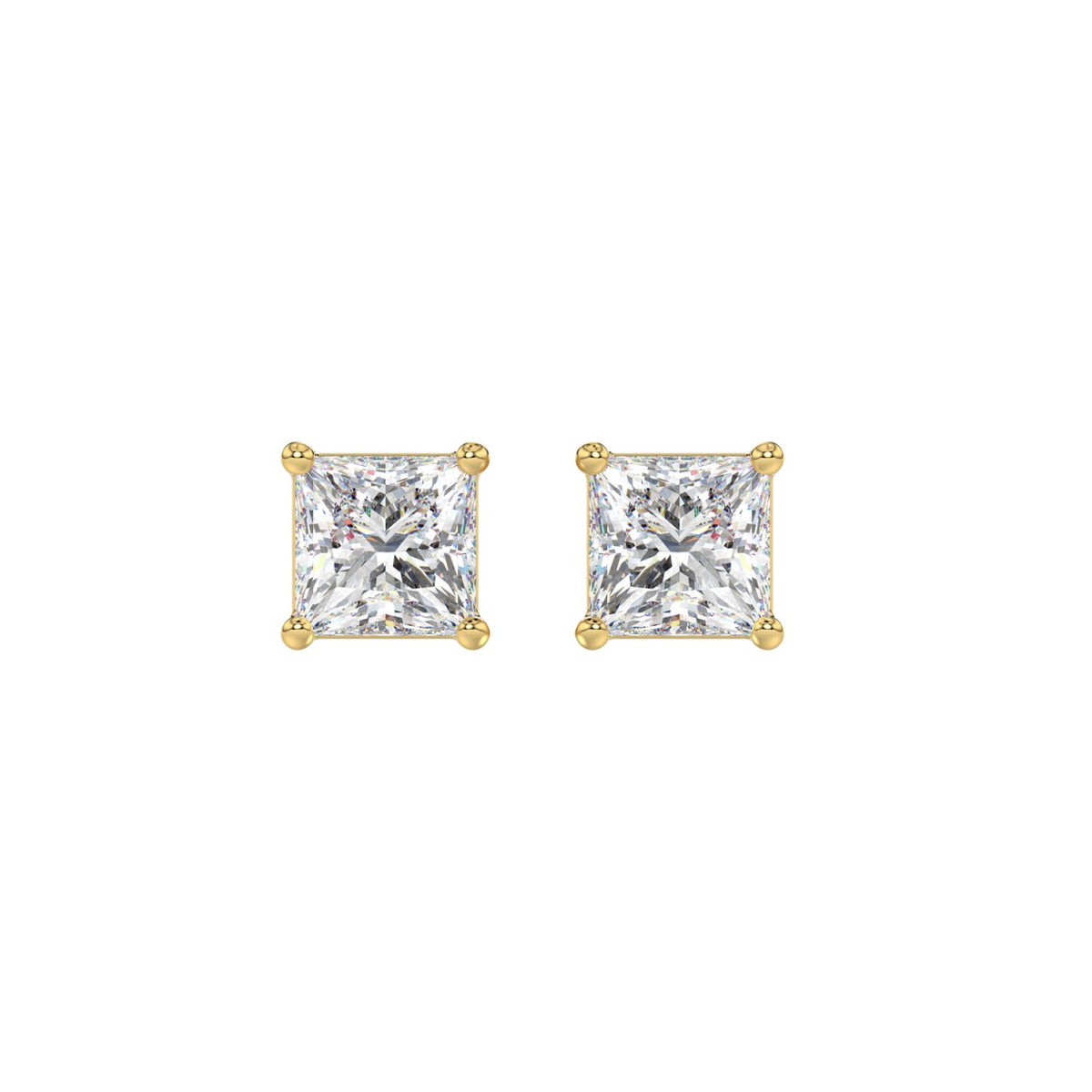 2ct- 4-Prong Princess cut Stud Earrings - 14K Gold - Lab